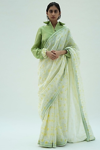 Sun White Hand Printed Saree by Label Meesa