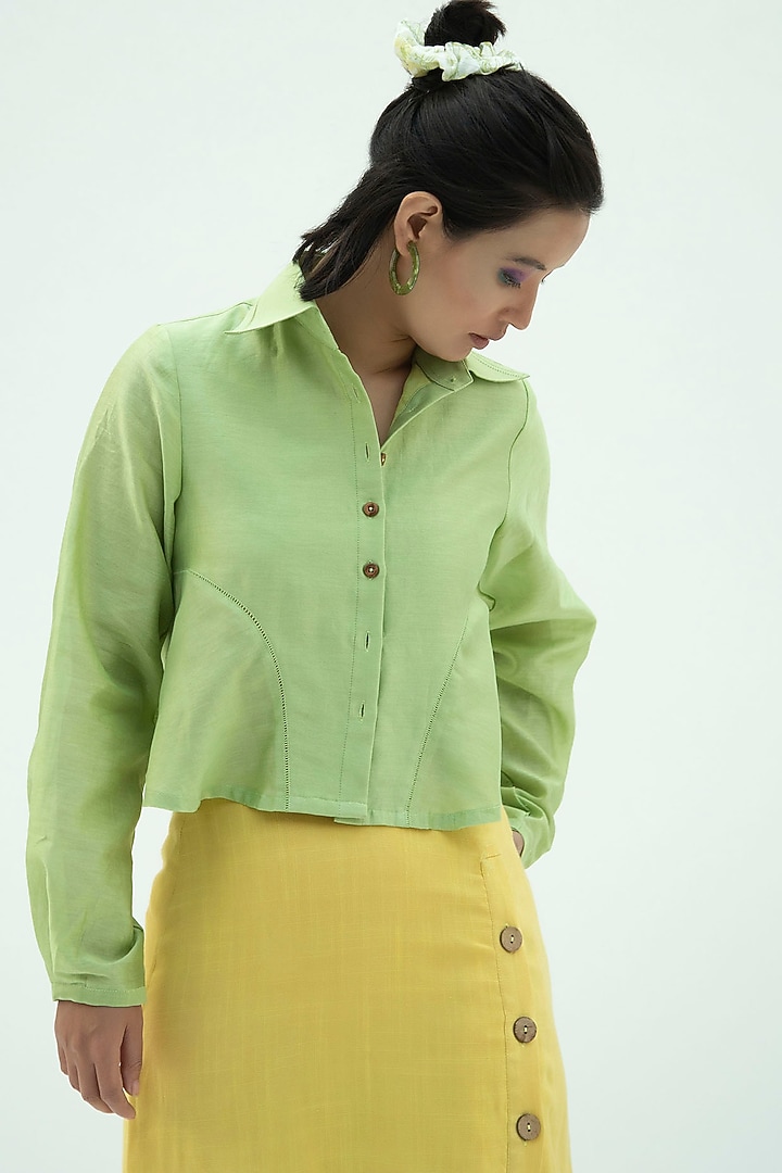 Green Handwoven Chanderi Top by Label Meesa at Pernia's Pop Up Shop