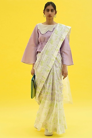 Sun White Printed Saree by Label Meesa
