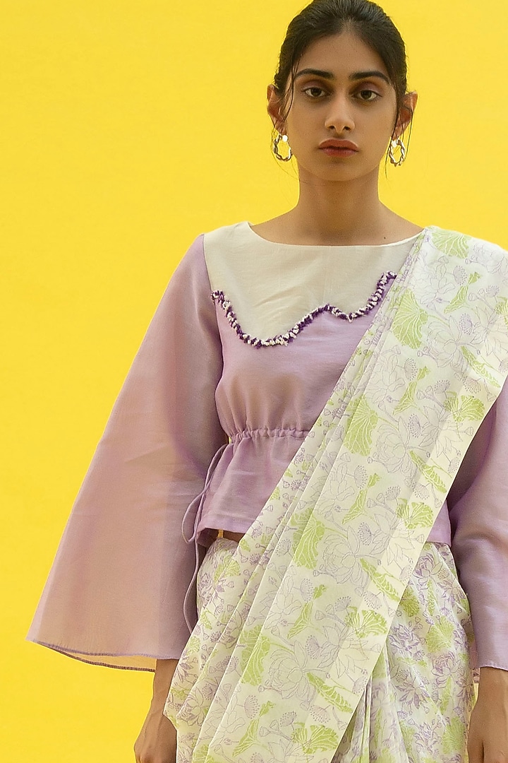 Cherry Blossom Purple Handwoven Chanderi Blouse by Label Meesa at Pernia's Pop Up Shop