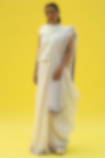 Sun White Block Printed Festive Saree by Label Meesa at Pernia's Pop Up Shop