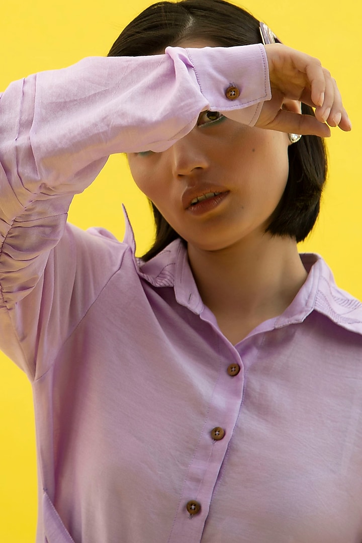 Cherry Blossom Purple Handwoven Chanderi Shirt by Label Meesa at Pernia's Pop Up Shop