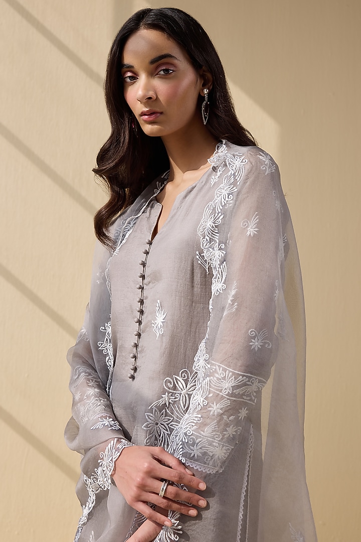 Grey Organza Thread Embroidered Kurta Set by Label Meesa at Pernia's Pop Up Shop