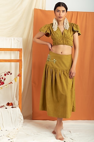 Olive Green Cotton Poplin Gathered Crop Top by Label Meesa