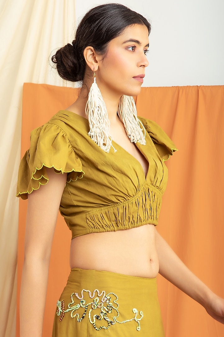 Olive Green Cotton Poplin Gathered Crop Top by Label Meesa at Pernia's Pop Up Shop