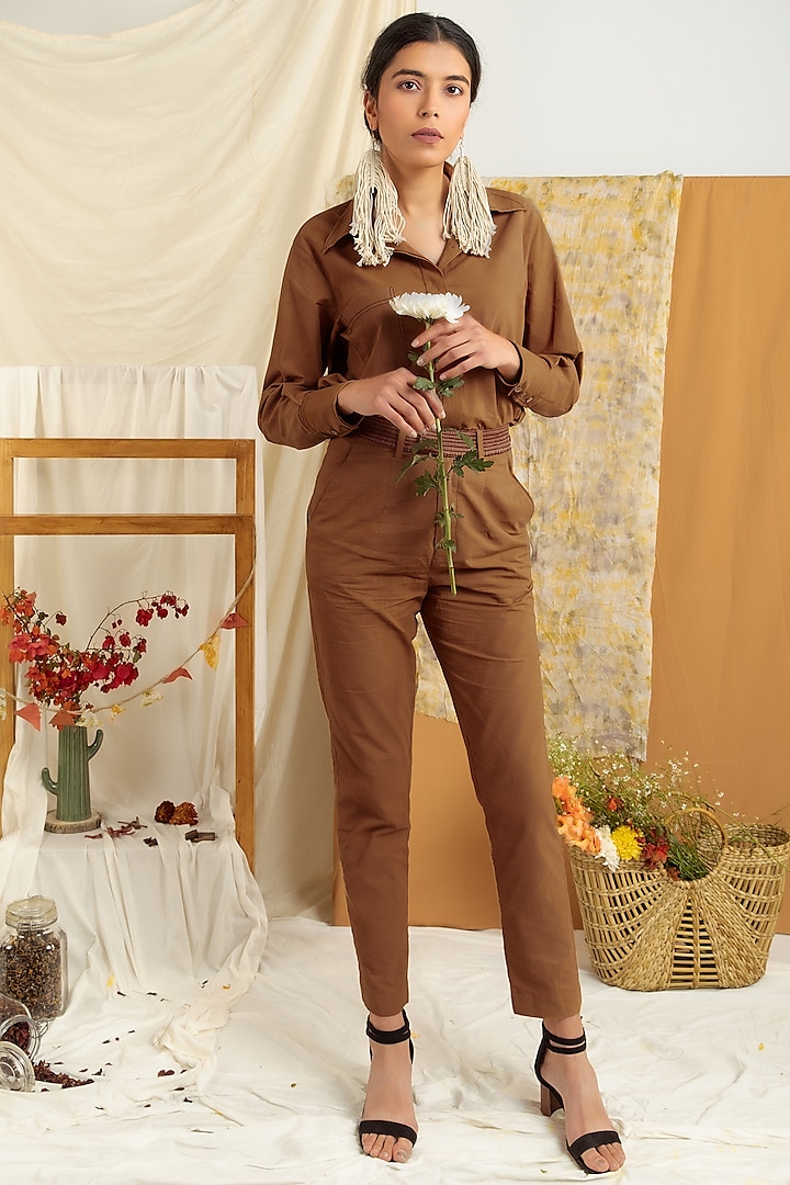 Brown Cotton Poplin Pant Set by Label Meesa at Pernia's Pop Up Shop