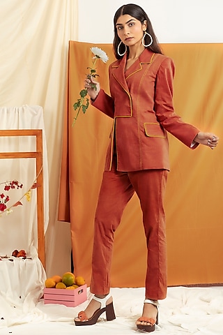 Brown Cotton Poplin Blazer Set by Label Meesa