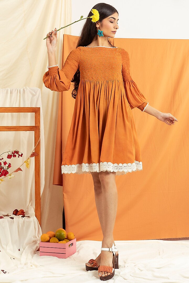 Brown Orange Peel Mini Dress by Label Meesa