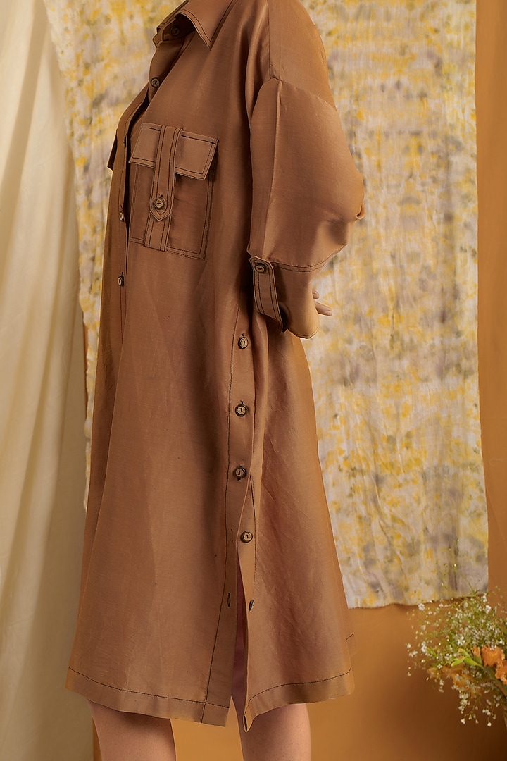 Brown Silk Chanderi Shirt by Label Meesa at Pernia's Pop Up Shop