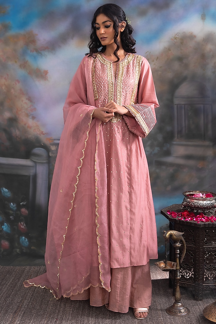 Rose-Brown Pure Chanderi Silk & Pure Katan Silk Hand Embroidered Kurta Set by Label Meesa