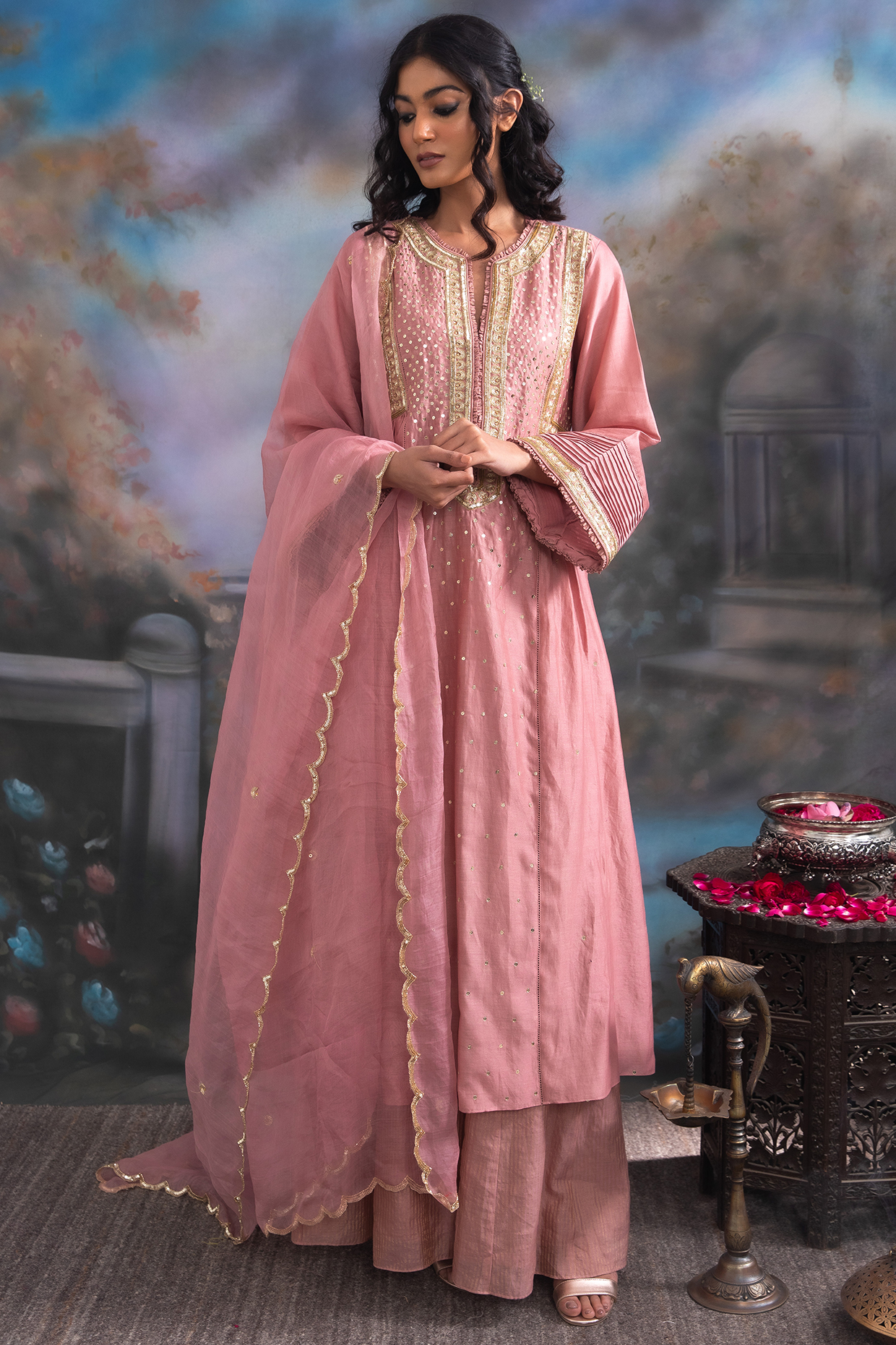 Rose-Brown Pure Chanderi Silk & Pure Katan Silk Hand Embroidered Kurta Set by Label Meesa