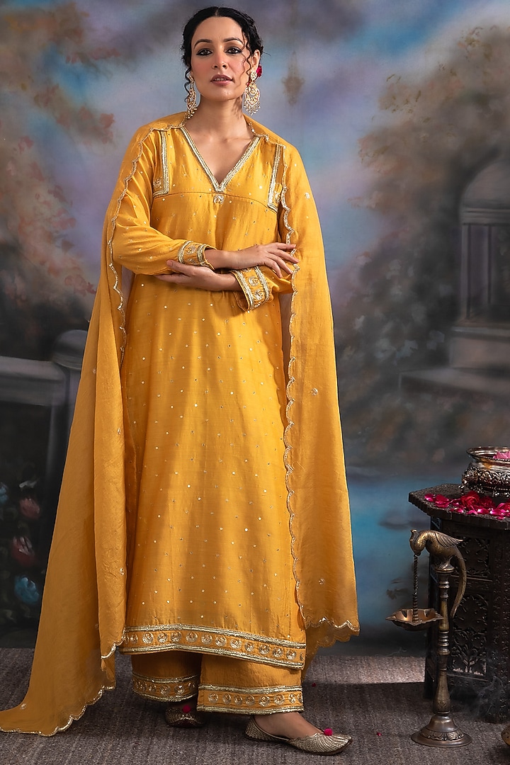 Mustard Yellow Pure Chanderi Silk & Pure Cotton Tissue Hand Embroidered Kurta Set by Label Meesa at Pernia's Pop Up Shop