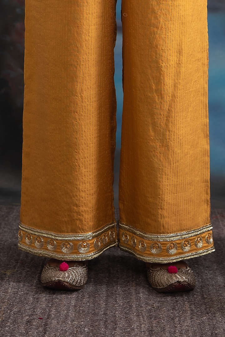 Mustard Yellow Pure Chanderi Silk & Pure Cotton Tissue Hand Embroidered Kurta Set by Label Meesa at Pernia's Pop Up Shop