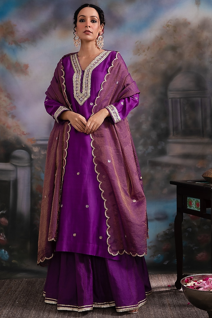 Purple Pure Chanderi Silk & Pure Cotton Tissue Sharara Set by Label Meesa