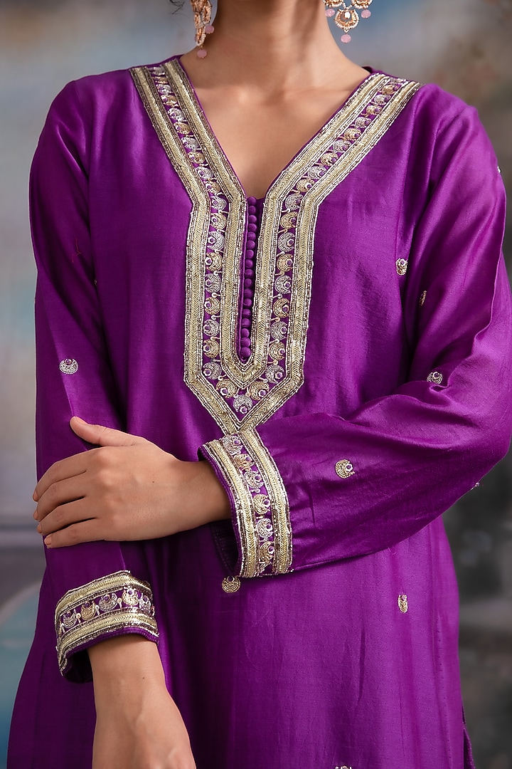 Purple Pure Chanderi Silk & Pure Cotton Tissue Wedding Sharara Set by Label Meesa at Pernia's Pop Up Shop