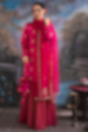 Hot Pink Pure Pattu Silk & Chanderi Silk Sharara Set by Label Meesa