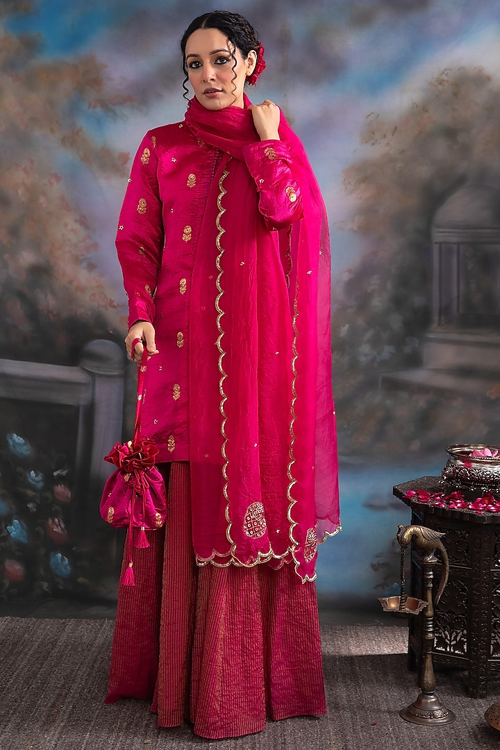 Hot Pink Pure Pattu Silk & Chanderi Silk Sharara Set by Label Meesa