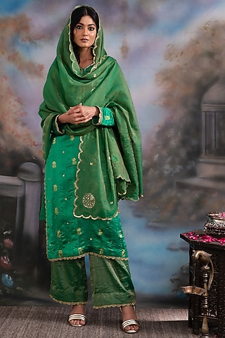 Emerald Green Pattu Silk & Cotton Tissue Hand Embroidered Kurta Set by Label Meesa