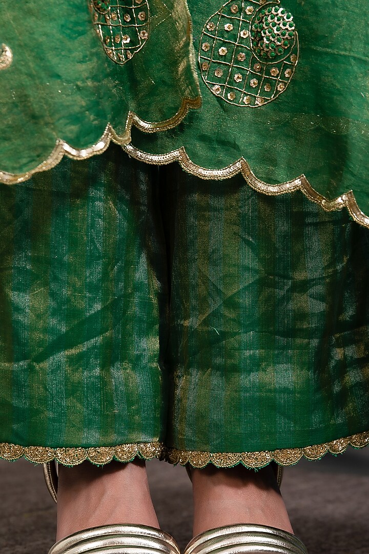 Emerald Green Pattu Silk & Cotton Tissue Hand Embroidered Kurta Set by Label Meesa at Pernia's Pop Up Shop