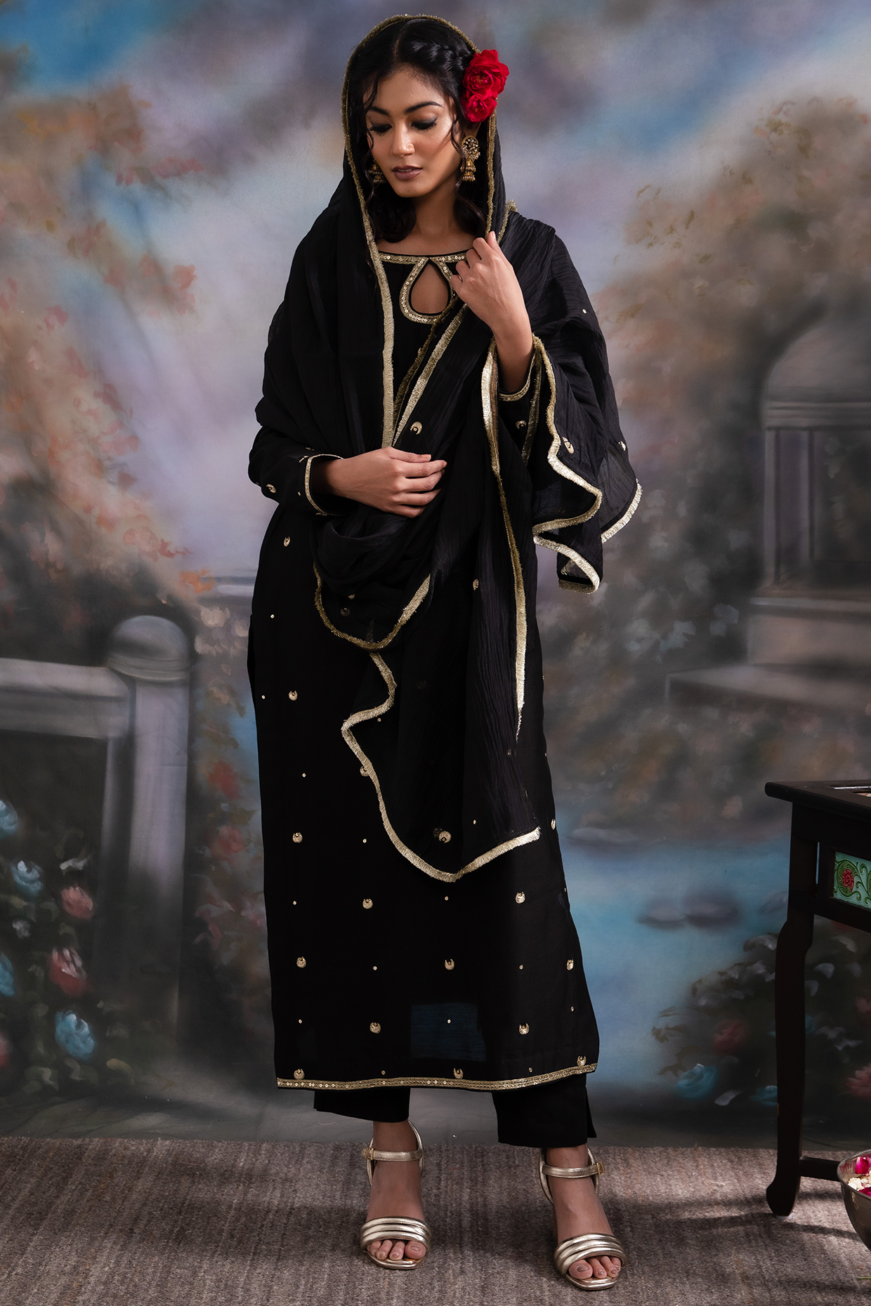 Black Pure Chanderi Silk Hand Embroidered Kurta Set by Label Meesa at Pernia's Pop Up Shop