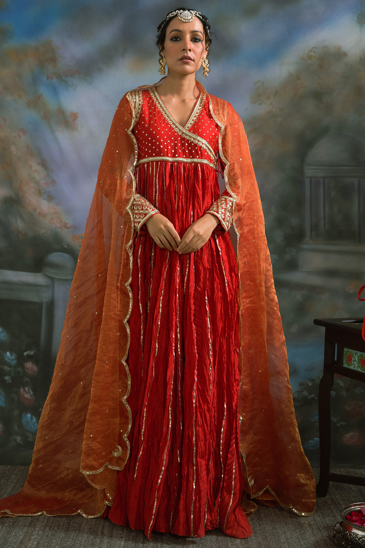 Red Pure Chanderi Silk & Pure Tissue Organza Angrakha Kurta Set by Label Meesa at Pernia's Pop Up Shop