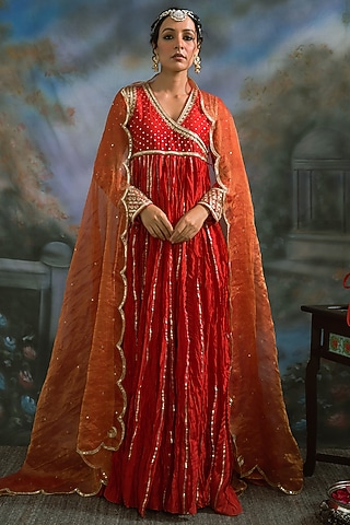 Red Pure Chanderi Silk & Pure Tissue Organza Angrakha Kurta Set by Label Meesa