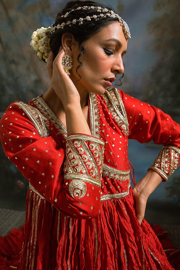 Red Pure Chanderi Silk & Pure Tissue Organza Angrakha Kurta Set by Label Meesa at Pernia's Pop Up Shop