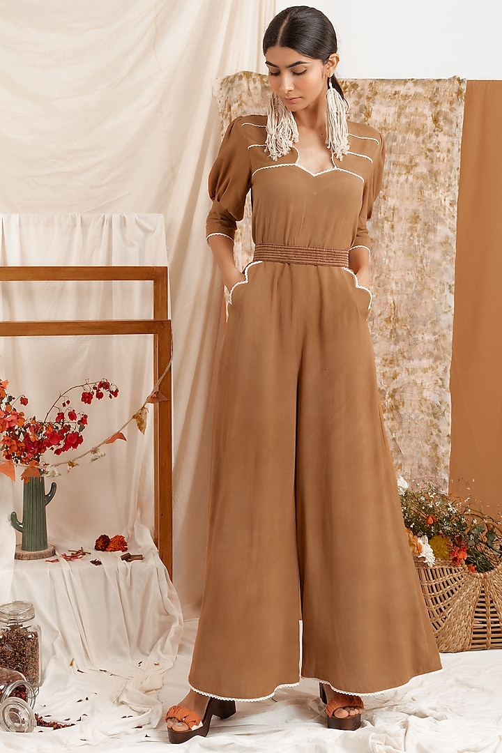 Light Brown Embroidered Jumpsuit by Label Meesa