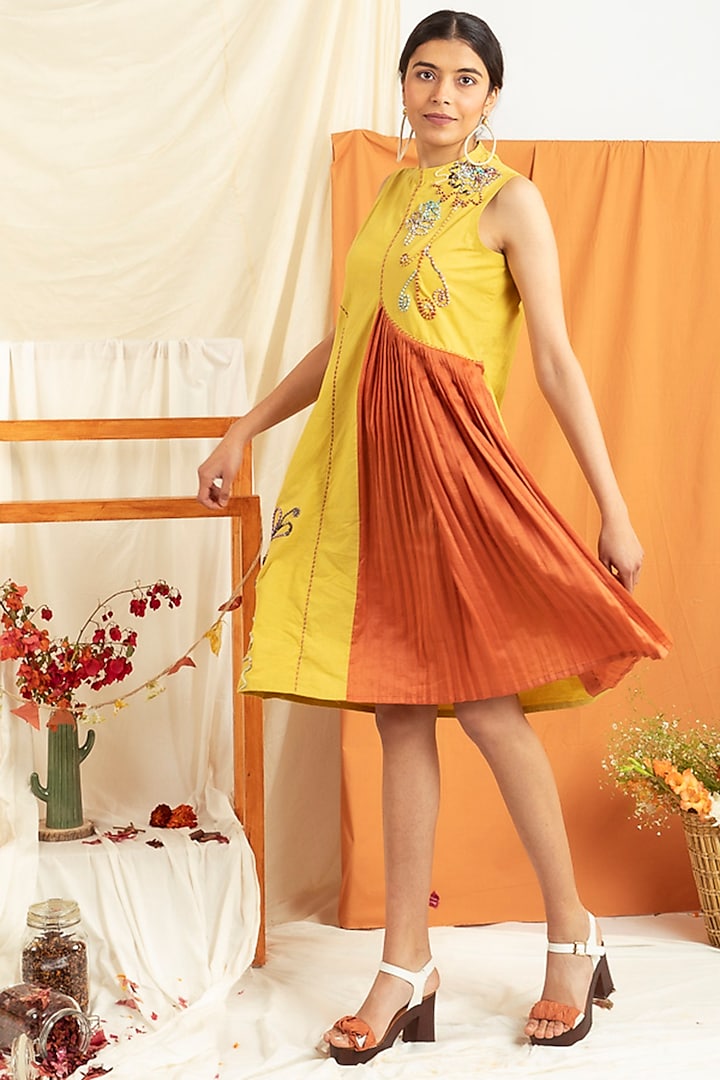 Bright Yellow Cotton Poplin Knee-Length Dress by Label Meesa