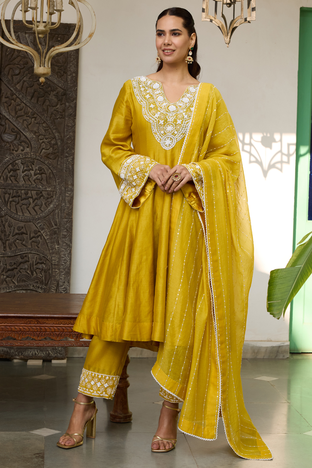 Yellow Chanderi Silk Thread Embroidered Wedding Anarkali Set by Label Meesa at Pernia's Pop Up Shop