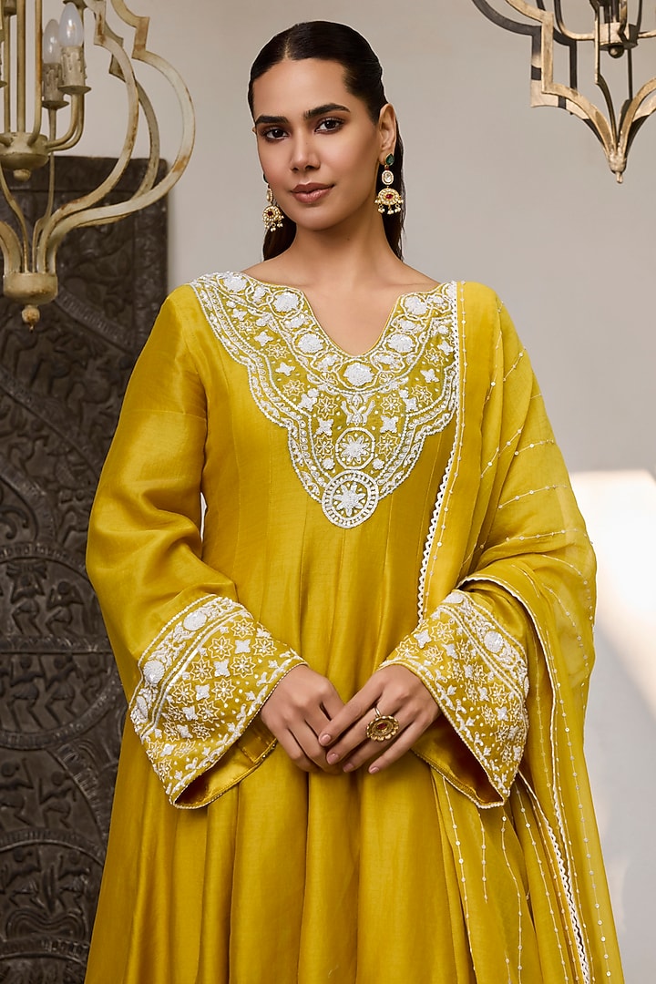 Yellow Chanderi Silk Thread Embroidered Wedding Anarkali Set by Label Meesa at Pernia's Pop Up Shop