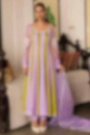 Lavender & Green Organza Thread Embroidered Wedding Anarkali Set by Label Meesa at Pernia's Pop Up Shop