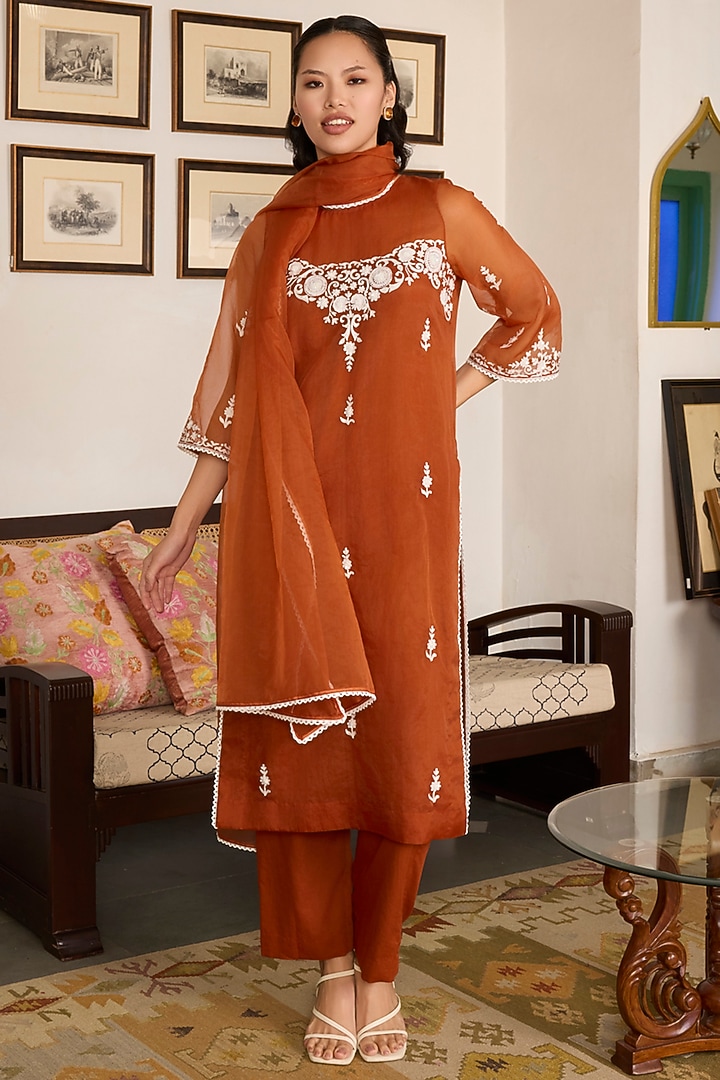 Brown Organza Thread Embroidered Kurta Set by Label Meesa at Pernia's Pop Up Shop