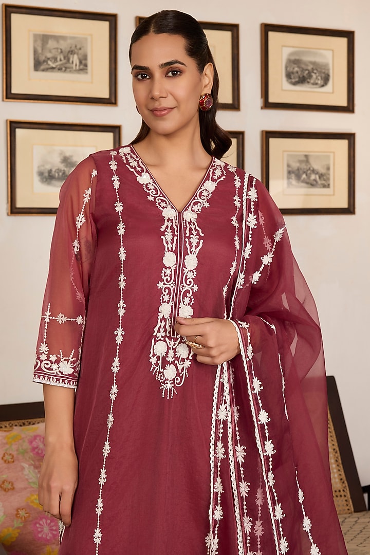 Brown Organza Thread Embroidered Kurta Set by Label Meesa at Pernia's Pop Up Shop