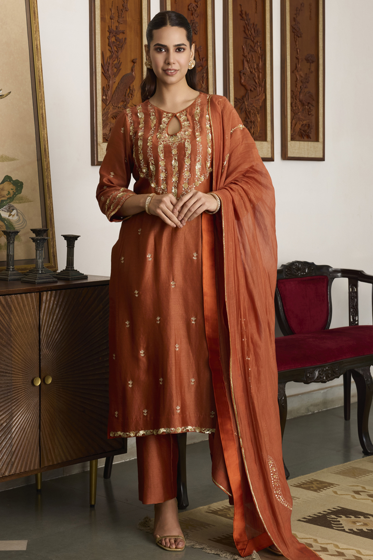 Rust Chanderi Silk Zari Embroidered Kurta Set by Label Meesa at Pernia's Pop Up Shop
