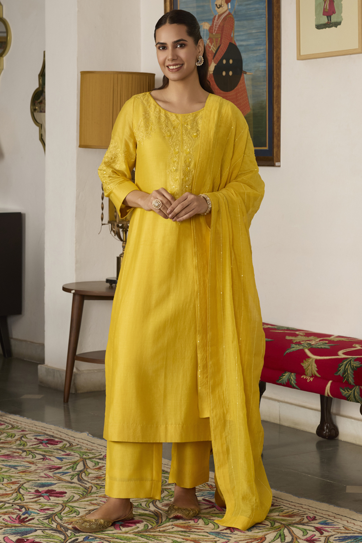 Yellow Chanderi Silk Thread Embroidered Kurta Set by Label Meesa at Pernia's Pop Up Shop