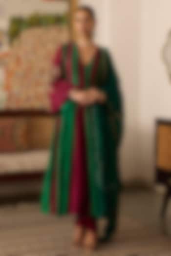 Green & Maroon Chanderi Silk Zari Embroidered Wedding Anarkali Set by Label Meesa at Pernia's Pop Up Shop