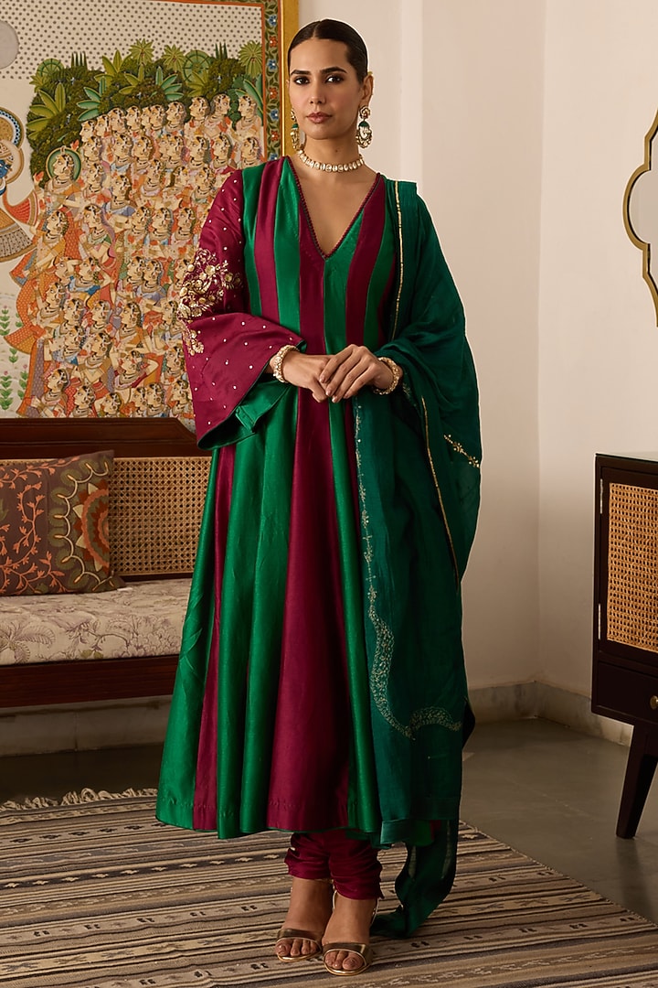Green & Maroon Chanderi Silk Zari Embroidered Wedding Anarkali Set by Label Meesa at Pernia's Pop Up Shop