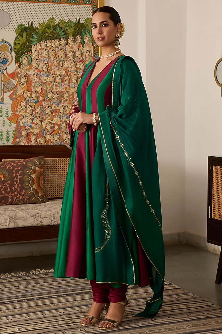 Green & Maroon Chanderi Silk Zari Embroidered Wedding Anarkali Set by Label Meesa at Pernia's Pop Up Shop