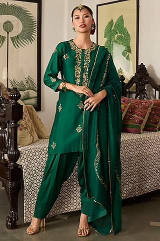 Green Chanderi Silk Zari Embroidered Anarkali Set by Label Meesa