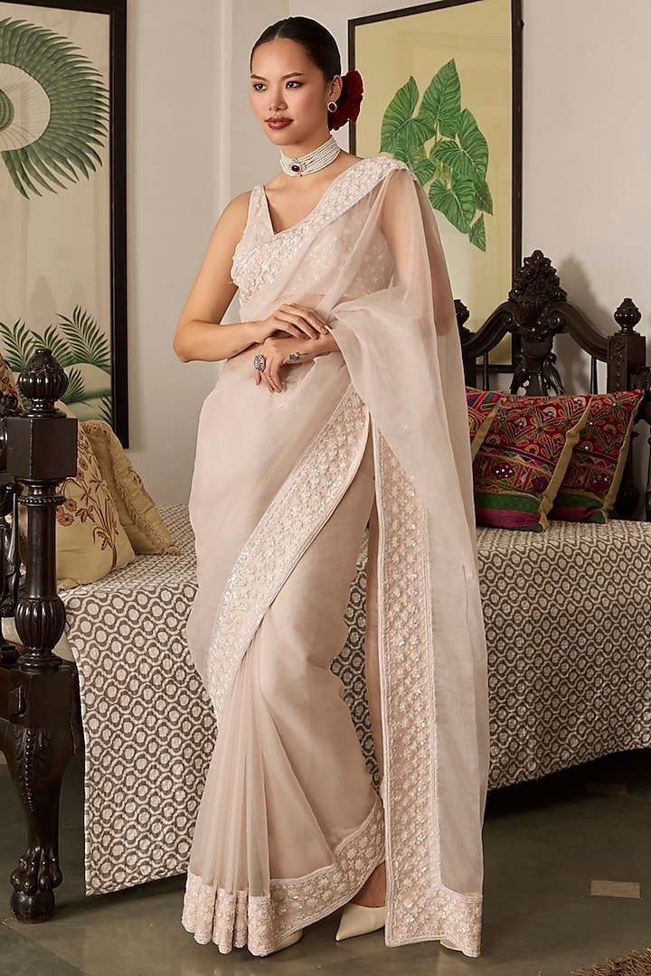 Pink Organza Embroidered Wedding Saree Set by Label Meesa at Pernia's Pop Up Shop