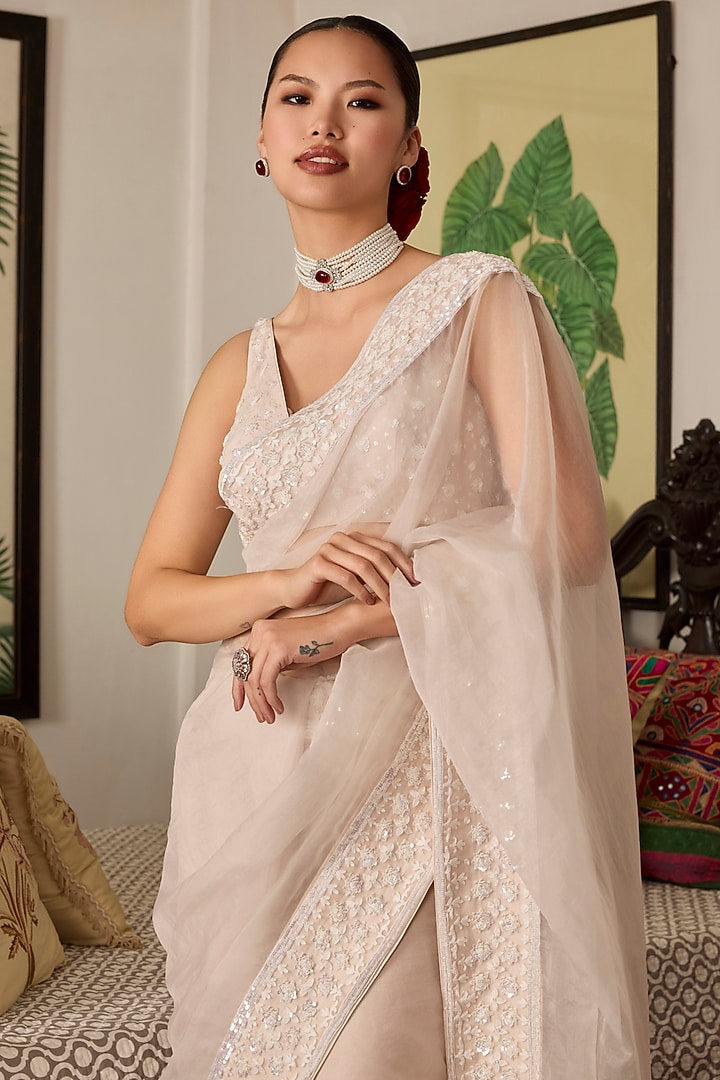 Pink Organza Embroidered Wedding Saree Set by Label Meesa at Pernia's Pop Up Shop