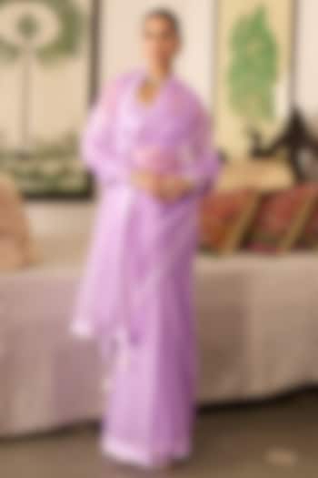 Purple Organza Embroidered Party Wear Saree Set by Label Meesa at Pernia's Pop Up Shop