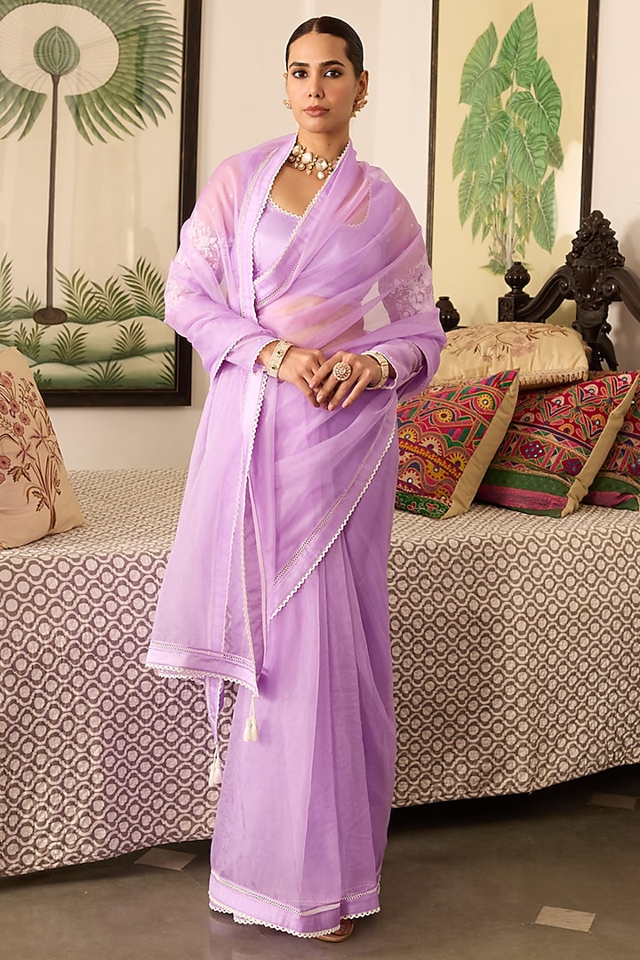 Purple Organza Embroidered Party Wear Saree Set by Label Meesa at Pernia's Pop Up Shop