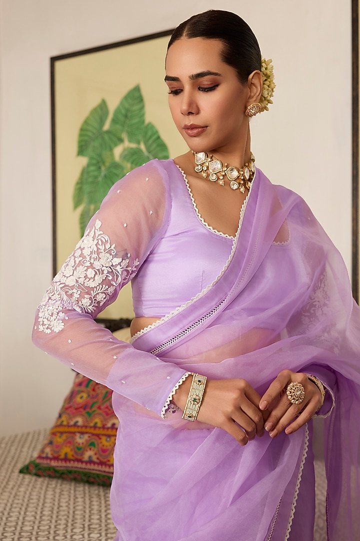 Purple Organza Embroidered Party Wear Saree Set by Label Meesa at Pernia's Pop Up Shop