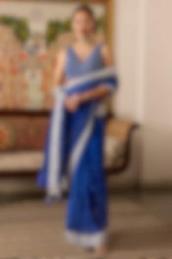 Blue Crepe Embroidered Wedding Saree Set by Label Meesa at Pernia's Pop Up Shop