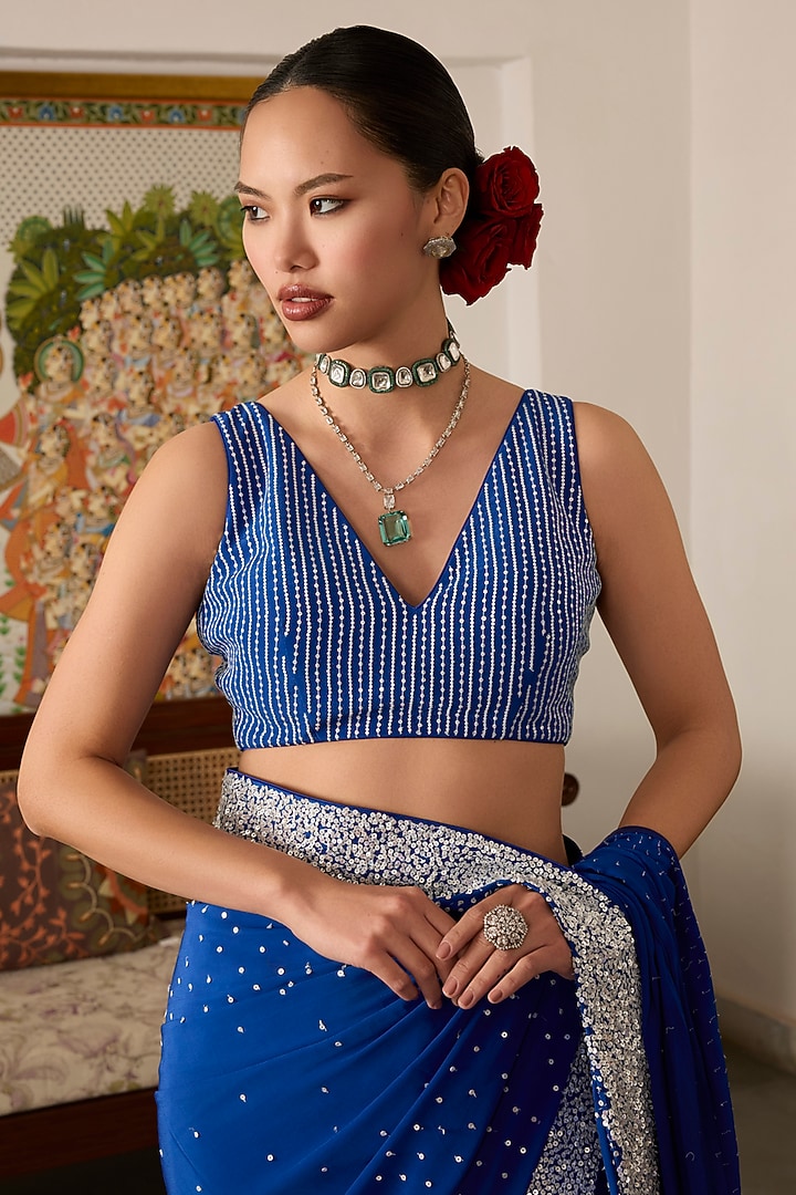 Blue Crepe Embroidered Wedding Saree Set by Label Meesa at Pernia's Pop Up Shop