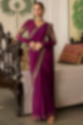 Purple Crepe Embroidered Wedding Saree Set by Label Meesa at Pernia's Pop Up Shop