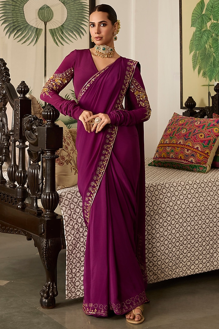 Purple Crepe Embroidered Wedding Saree Set by Label Meesa at Pernia's Pop Up Shop