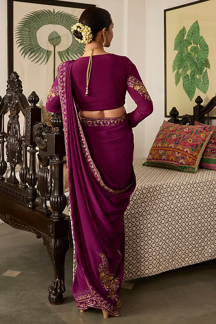 Purple Crepe Embroidered Wedding Saree Set by Label Meesa at Pernia's Pop Up Shop